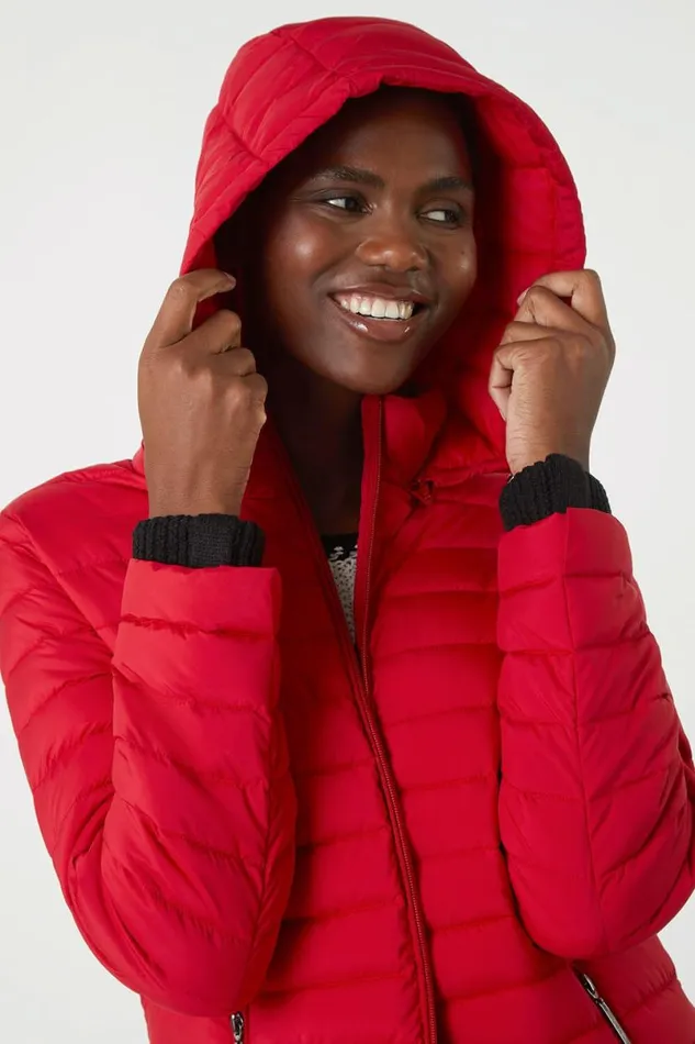 Red Longline Hooded Padded Coat Women Roman Coats