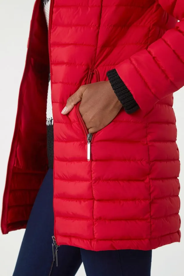 Red Longline Hooded Padded Coat Women Roman Coats