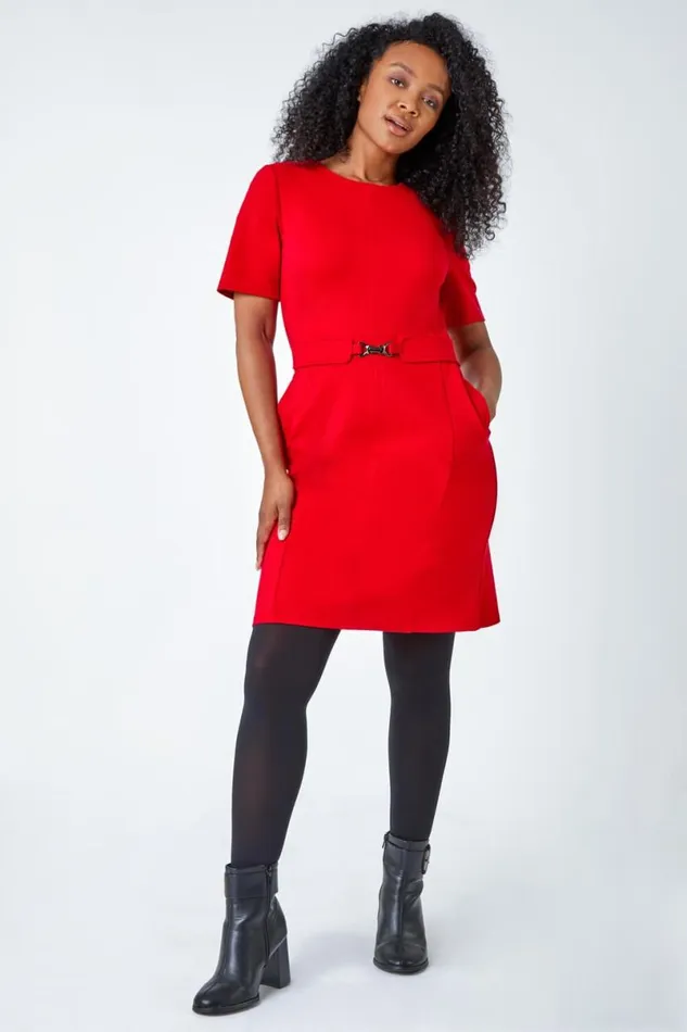 Red Petite Belted Shift Stretch Dress Women Roman Dresses