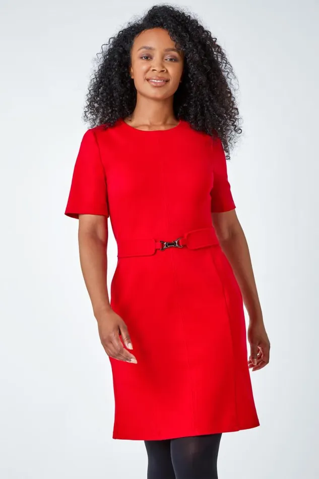 Red Petite Belted Shift Stretch Dress Women Roman Dresses