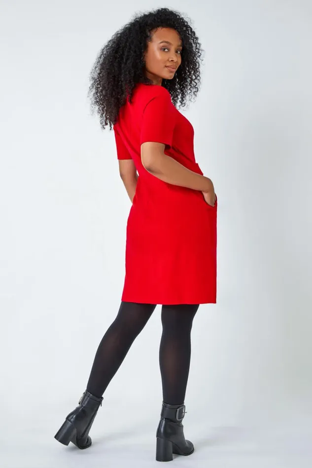 Red Petite Belted Shift Stretch Dress Women Roman Dresses