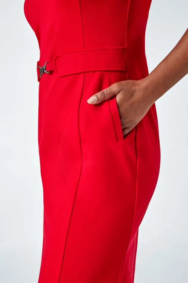 Red Petite Belted Shift Stretch Dress Women Roman Dresses