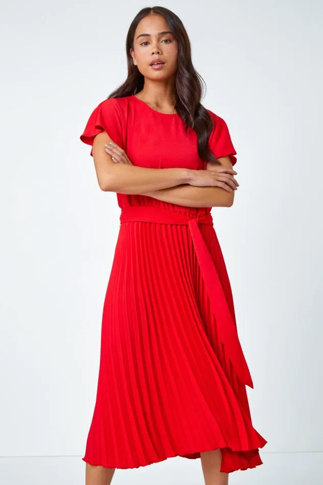 Red Petite Plain Pleated Skirt Midi Dress Women Roman Dresses