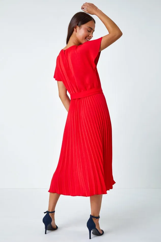 Red Petite Plain Pleated Skirt Midi Dress Women Roman Dresses