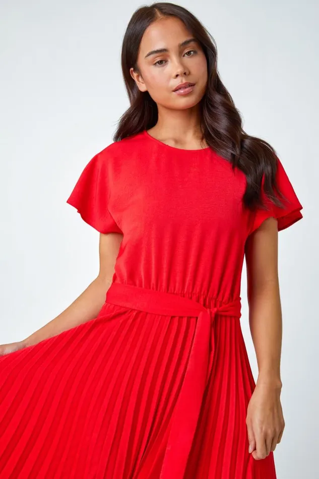 Red Petite Plain Pleated Skirt Midi Dress Women Roman Dresses