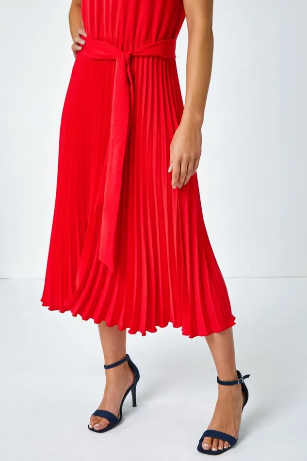 Red Petite Plain Pleated Skirt Midi Dress Women Roman Dresses
