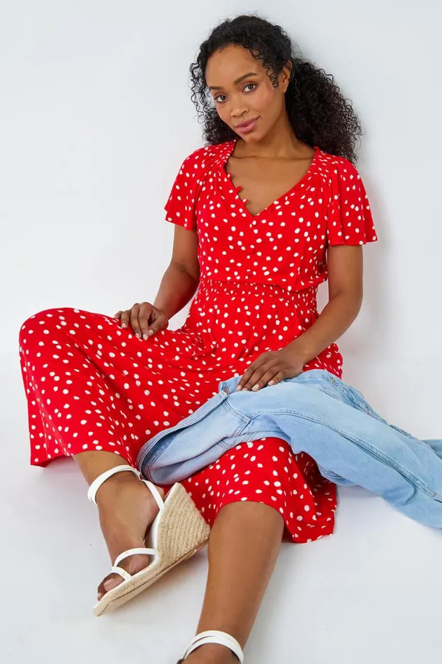 Red Petite Polka Dot Button Stretch Midi Dress Women Roman Dresses
