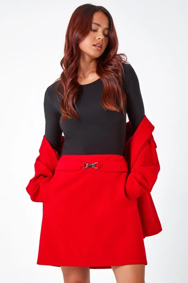 Red Petite Toggle Pocket Detail Stretch Skirt Women Roman Skirts