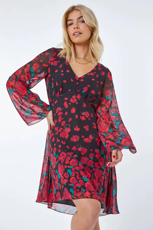 Red Rose Border Print Chiffon Dress Women Roman Dresses
