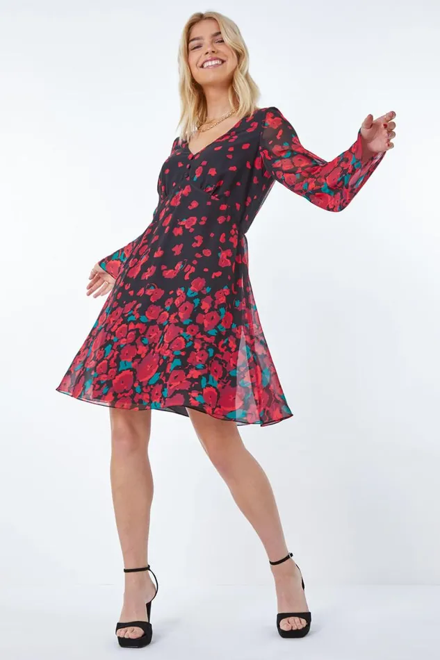 Red Rose Border Print Chiffon Dress Women Roman Dresses