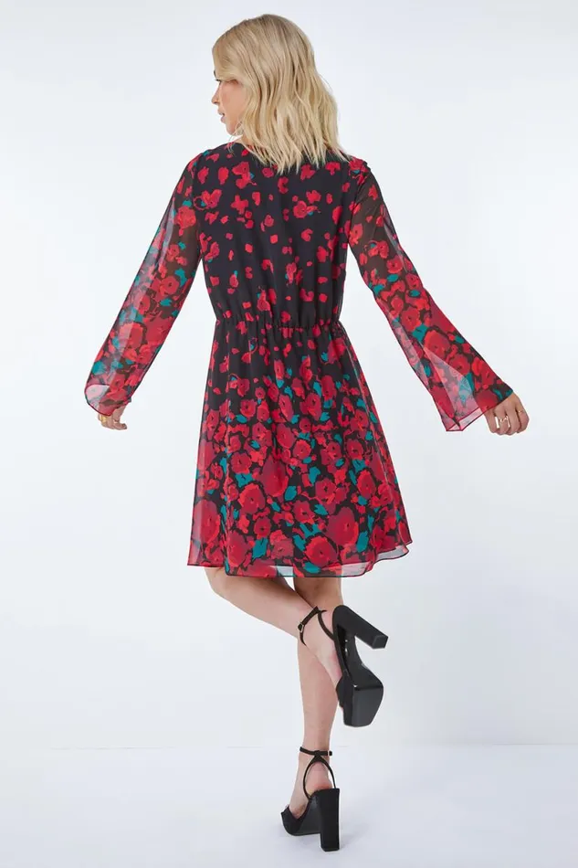 Red Rose Border Print Chiffon Dress Women Roman Dresses