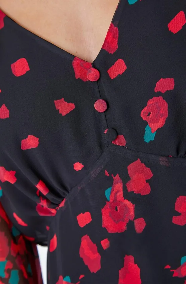 Red Rose Border Print Chiffon Dress Women Roman Dresses