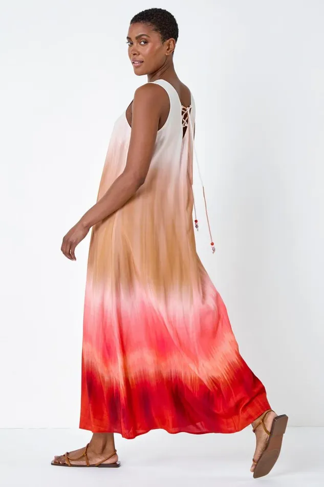 Red Sleeveless Ombre Midi Dress Women Roman Dresses