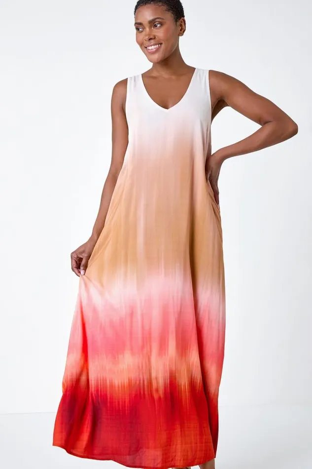 Red Sleeveless Ombre Midi Dress Women Roman Dresses