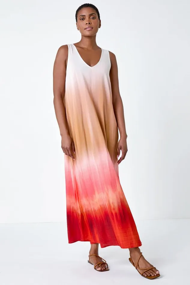 Red Sleeveless Ombre Midi Dress Women Roman Dresses