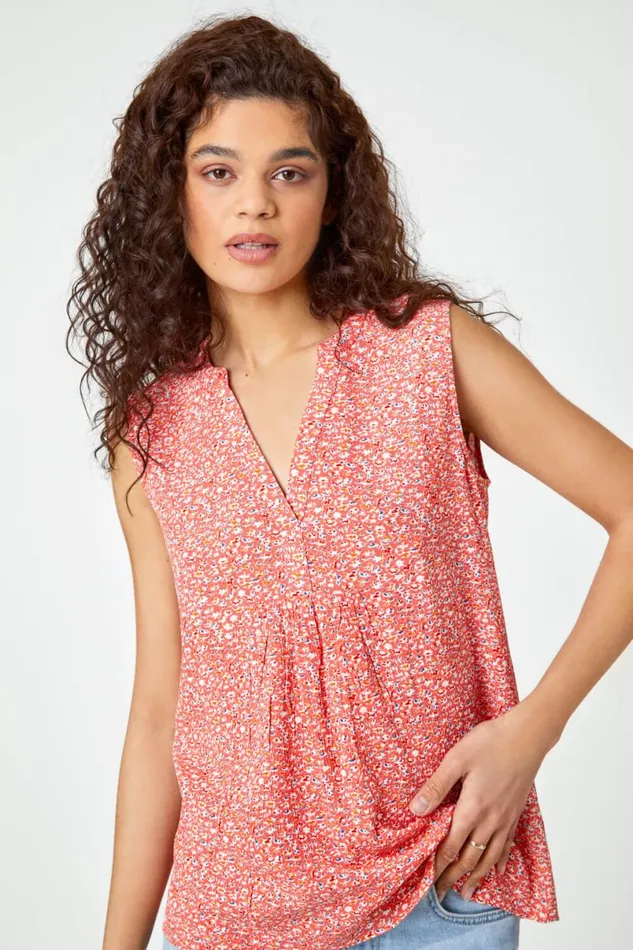 Red Sleeveless VNeck Ditsy Floral Print Top Women Roman Tops