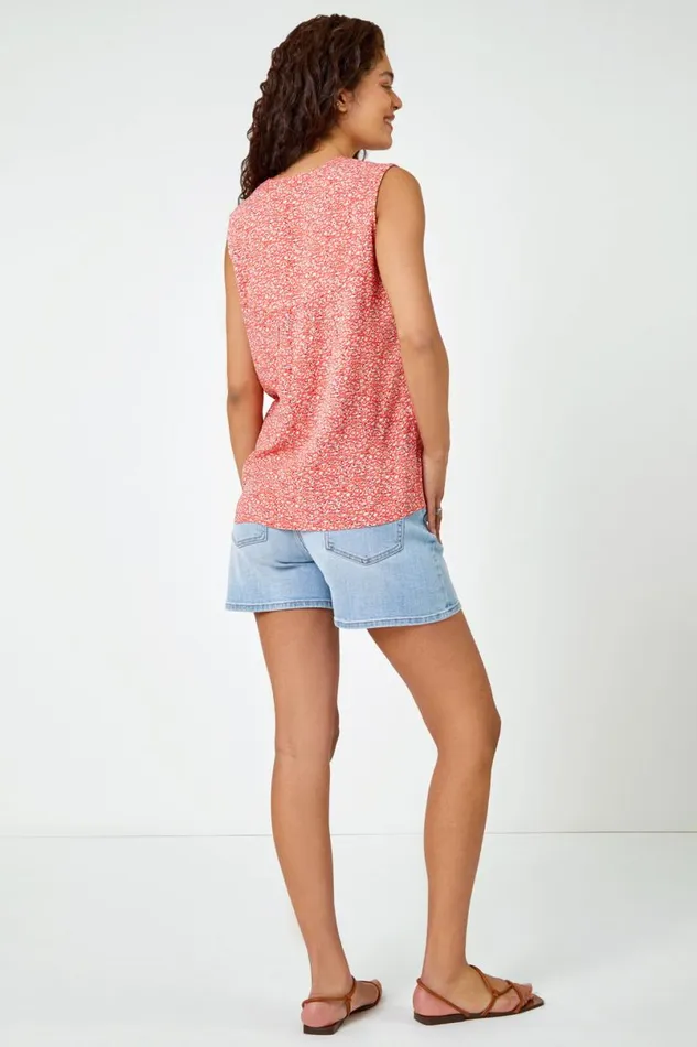 Red Sleeveless VNeck Ditsy Floral Print Top Women Roman Tops