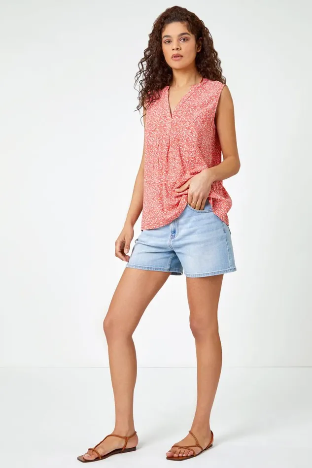 Red Sleeveless VNeck Ditsy Floral Print Top Women Roman Tops