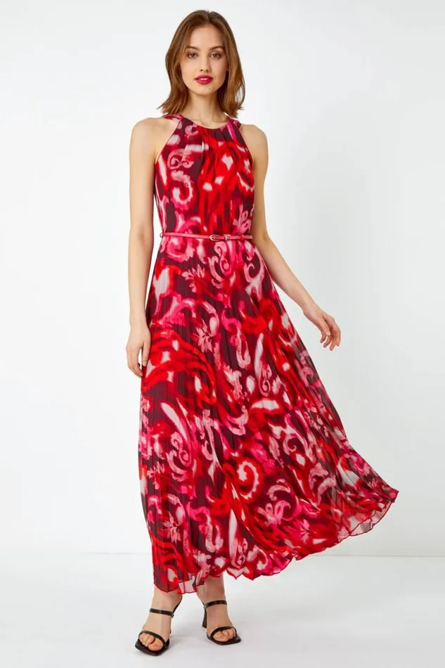 Red Swirl Print Pleated Maxi Dress Women Roman Dresses