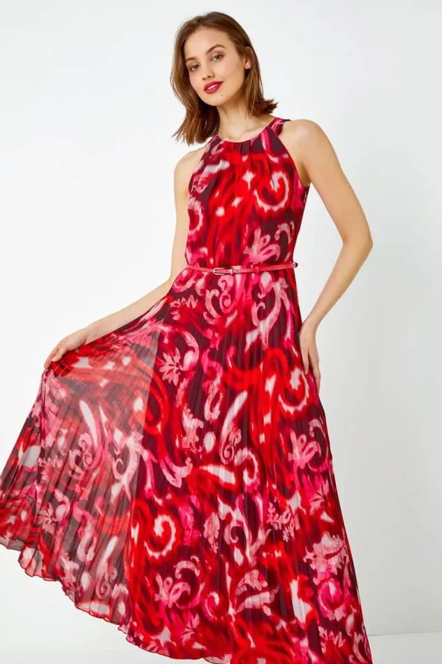 Red Swirl Print Pleated Maxi Dress Women Roman Dresses