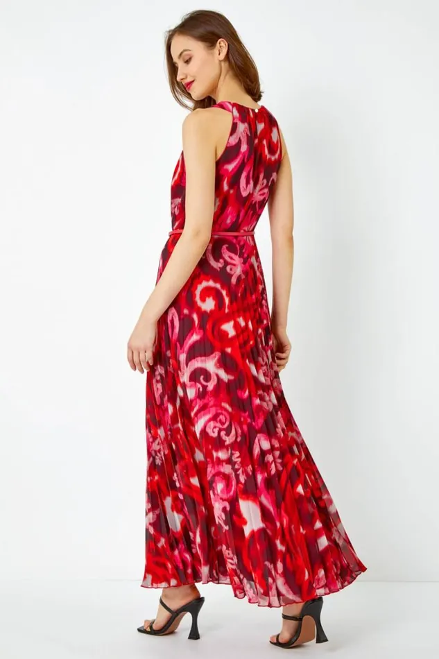 Red Swirl Print Pleated Maxi Dress Women Roman Dresses