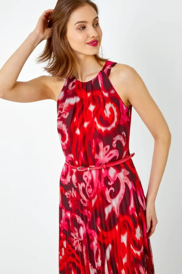 Red Swirl Print Pleated Maxi Dress Women Roman Dresses