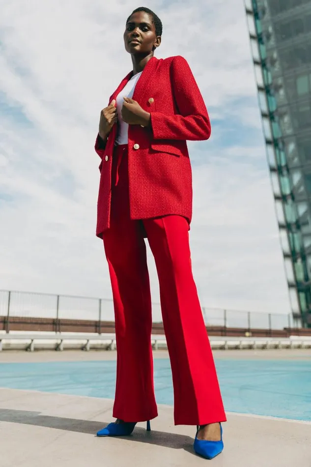 Red Tailored Longline Boucle Jacket Women Roman Jackets