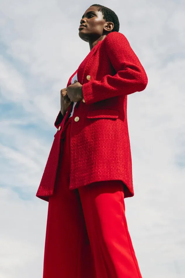 Red Tailored Longline Boucle Jacket Women Roman Jackets