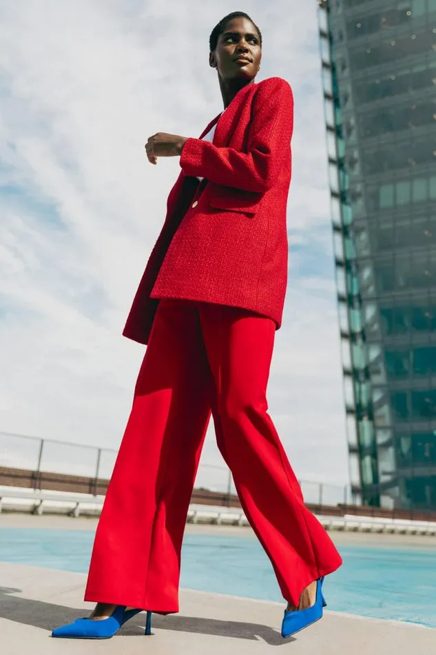 Red Tailored Longline Boucle Jacket Women Roman Jackets