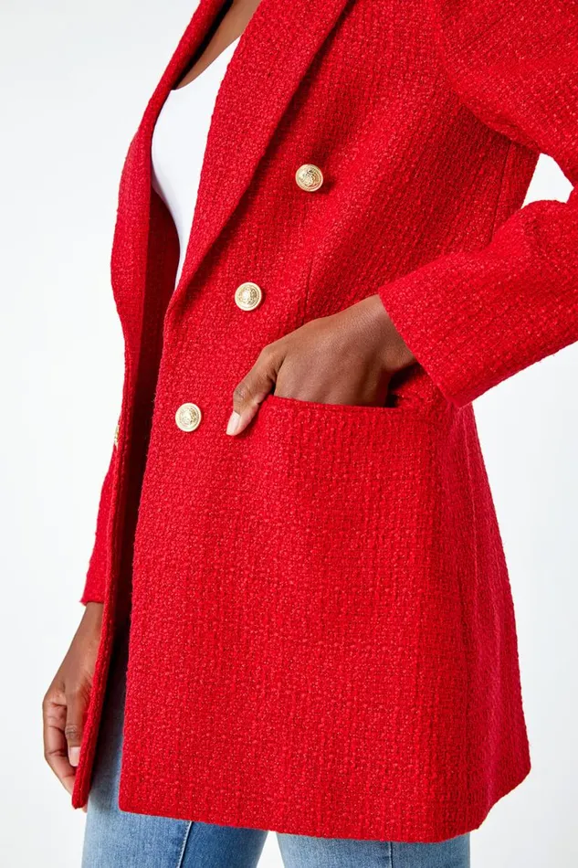 Red Tailored Longline Boucle Jacket Women Roman Jackets
