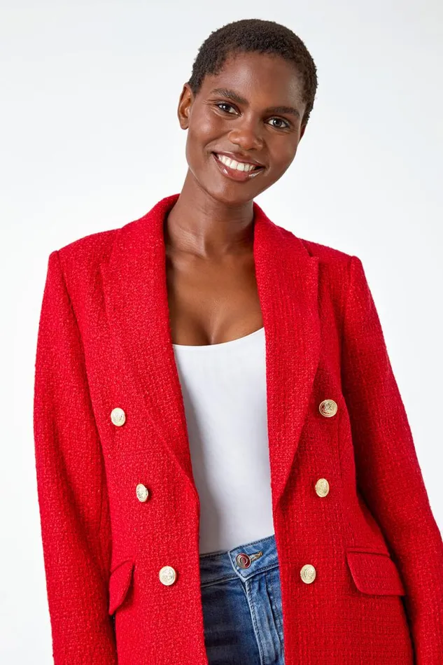 Red Tailored Longline Boucle Jacket Women Roman Jackets