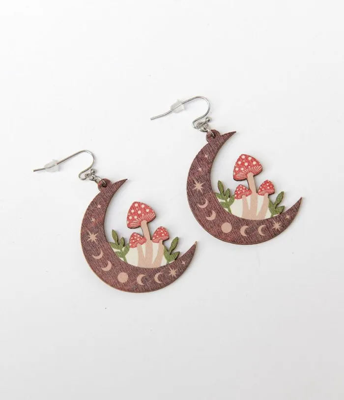 Red Toadstool and Celestial Moon Earrings Accessories Unique Vintage Earrings