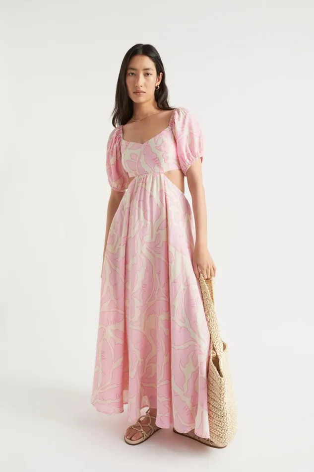 Resort Woman Seed Heritage Voile Floral Off Shoulder Maxi Dress Soft Orchid Floral