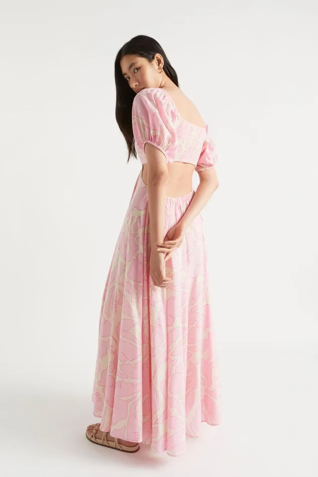 Resort Woman Seed Heritage Voile Floral Off Shoulder Maxi Dress Soft Orchid Floral