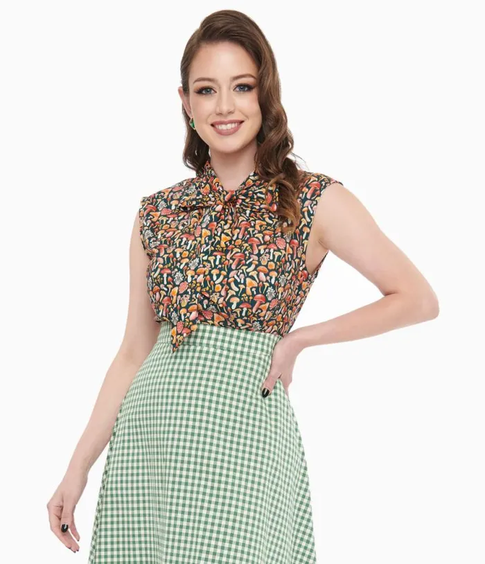 Retrolicious 1950s Forest Green Mushroom Print Cotton Bow Top Clothing Unique Vintage Blouses Retrolicious 1950s Forest Green Mushroom Print Cotton Bow Top Clothing Unique Vintage Blouses