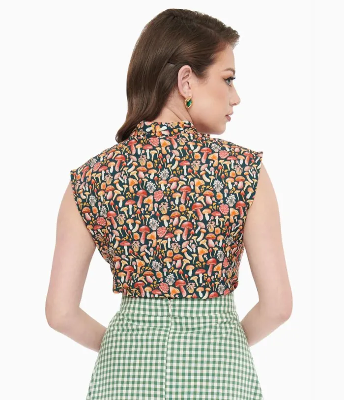 Retrolicious 1950s Forest Green Mushroom Print Cotton Bow Top Clothing Unique Vintage Blouses