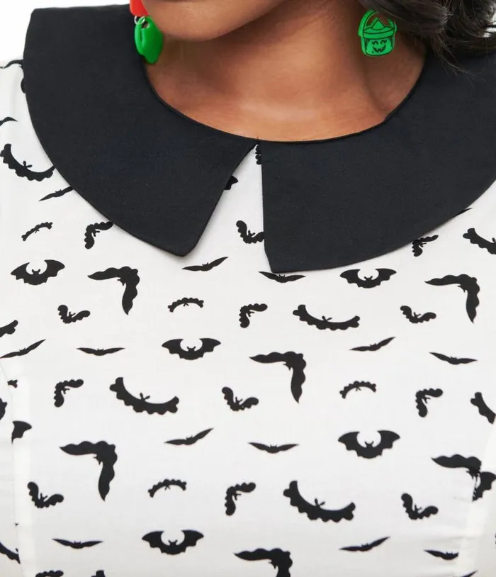 Retrolicious 1950s Plus Size White and Black Bat Print Collared Fit and Flare Dress DressesHalloween Unique Vintage Dresses