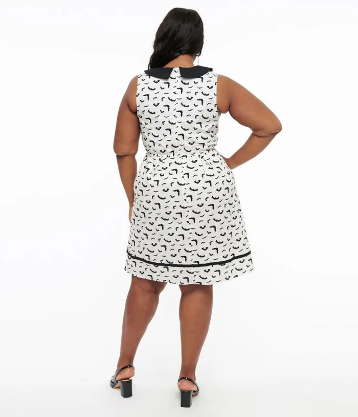 Retrolicious 1950s Plus Size White and Black Bat Print Collared Fit and Flare Dress DressesHalloween Unique Vintage Dresses