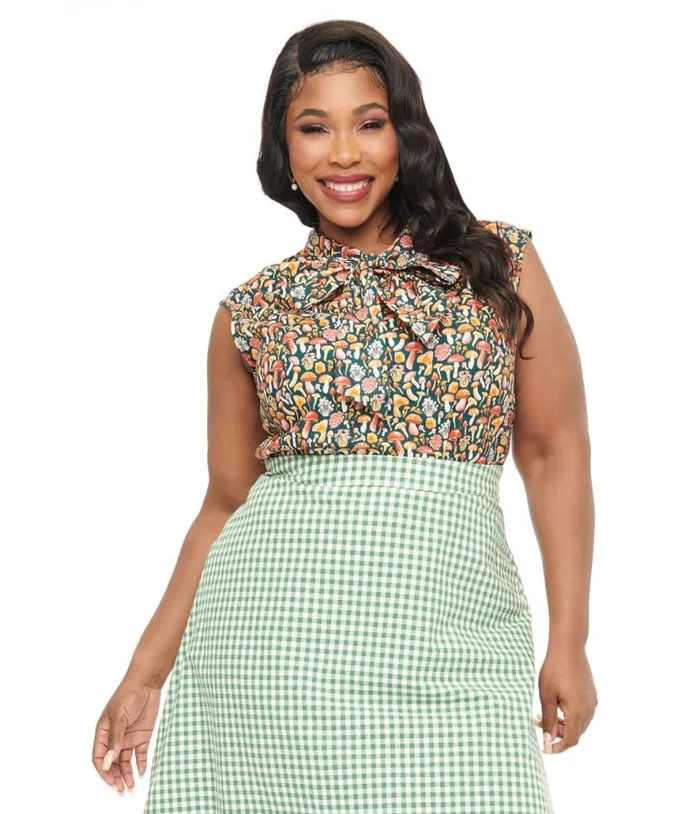 Retrolicious Plus Size 1950s Forest Green Mushroom Print Cotton Bow Top ClothingPlus Unique Vintage Blouses