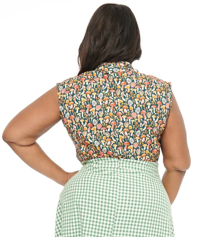Retrolicious Plus Size 1950s Forest Green Mushroom Print Cotton Bow Top ClothingPlus Unique Vintage Blouses