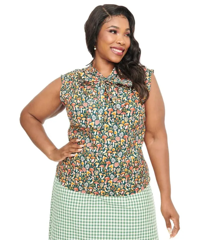 Retrolicious Plus Size 1950s Forest Green Mushroom Print Cotton Bow Top ClothingPlus Unique Vintage Blouses