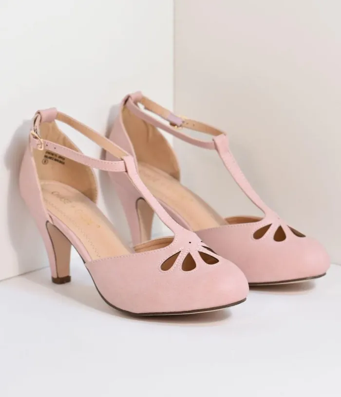 Rose Pink TStrap Cut Out Kitten Heels Shoes Unique Vintage Heels