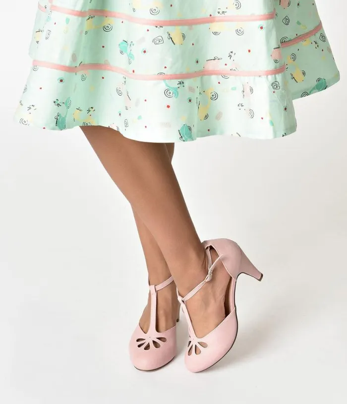 Rose Pink TStrap Cut Out Kitten Heels Shoes Unique Vintage Heels