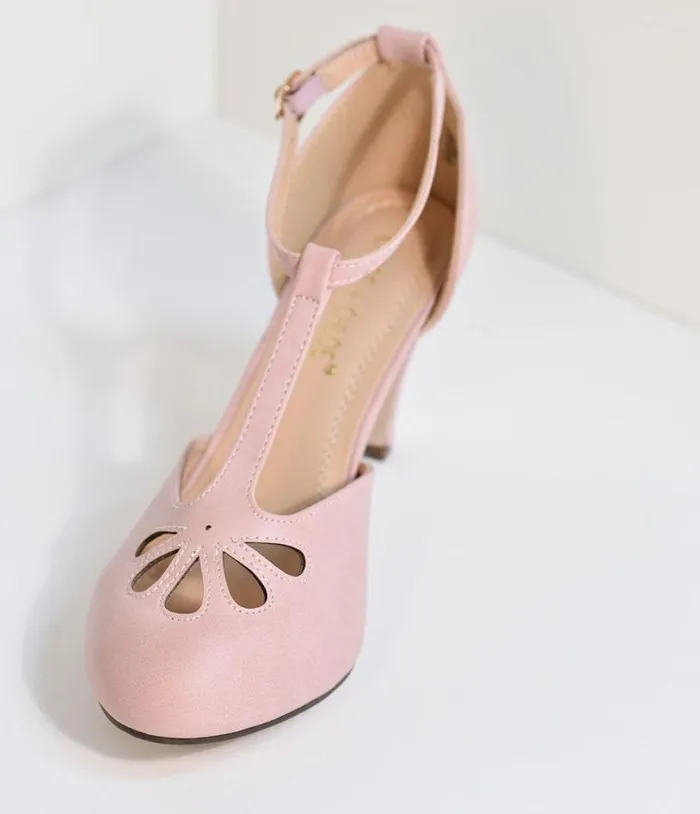 Rose Pink TStrap Cut Out Kitten Heels Shoes Unique Vintage Heels