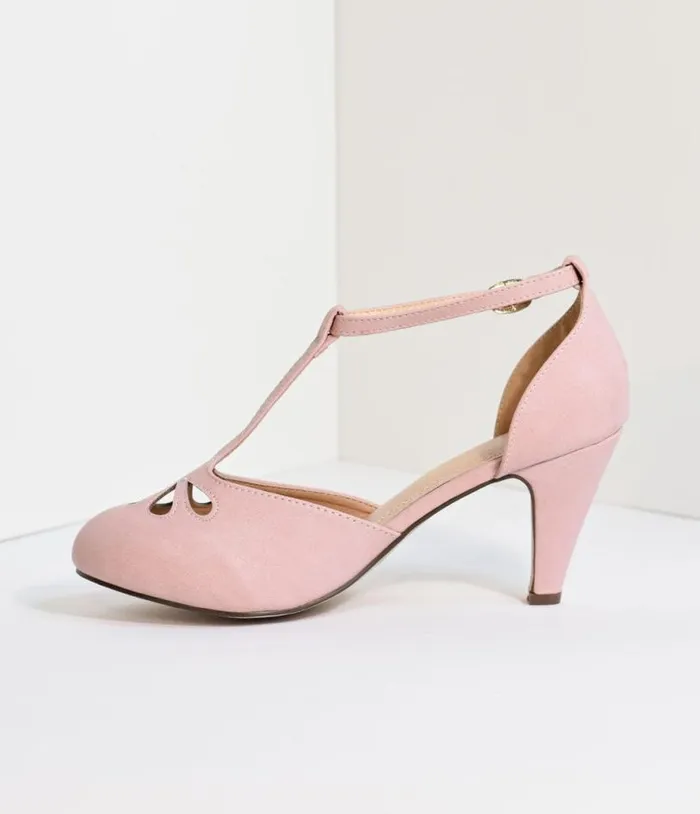 Rose Pink TStrap Cut Out Kitten Heels Shoes Unique Vintage Heels
