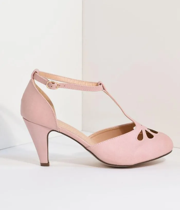 Rose Pink TStrap Cut Out Kitten Heels Shoes Unique Vintage Heels