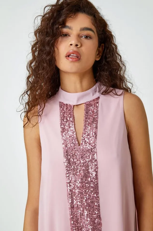 Rose Sleeveless High Neck Sequin Top Women Roman Tops