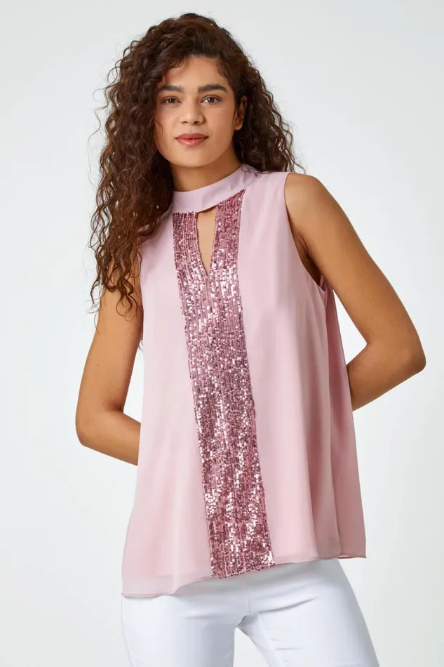 Rose Sleeveless High Neck Sequin Top Women Roman Tops