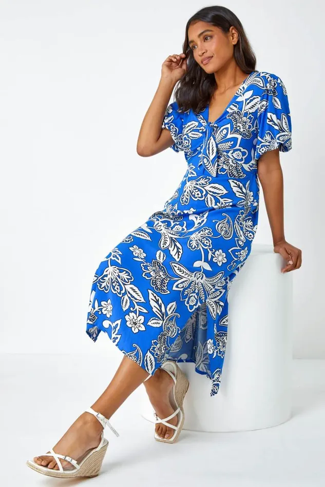 Royal Blue Bold Floral Stretch Midi Dress Women Roman Dresses