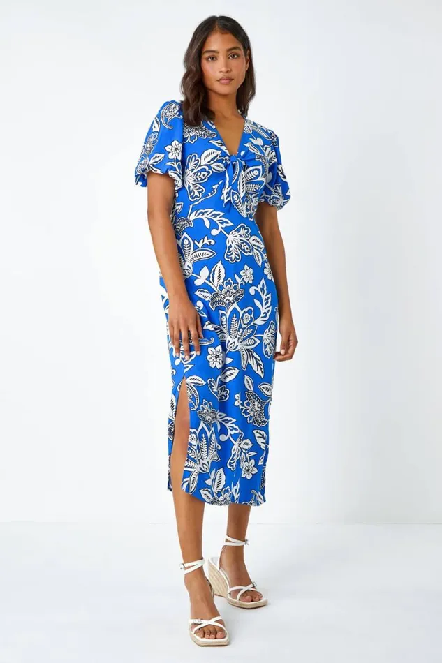 Royal Blue Bold Floral Stretch Midi Dress Women Roman Dresses